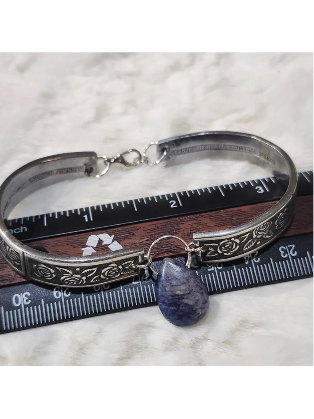 Rose Pattern Silverwear Bracelet with stone charm